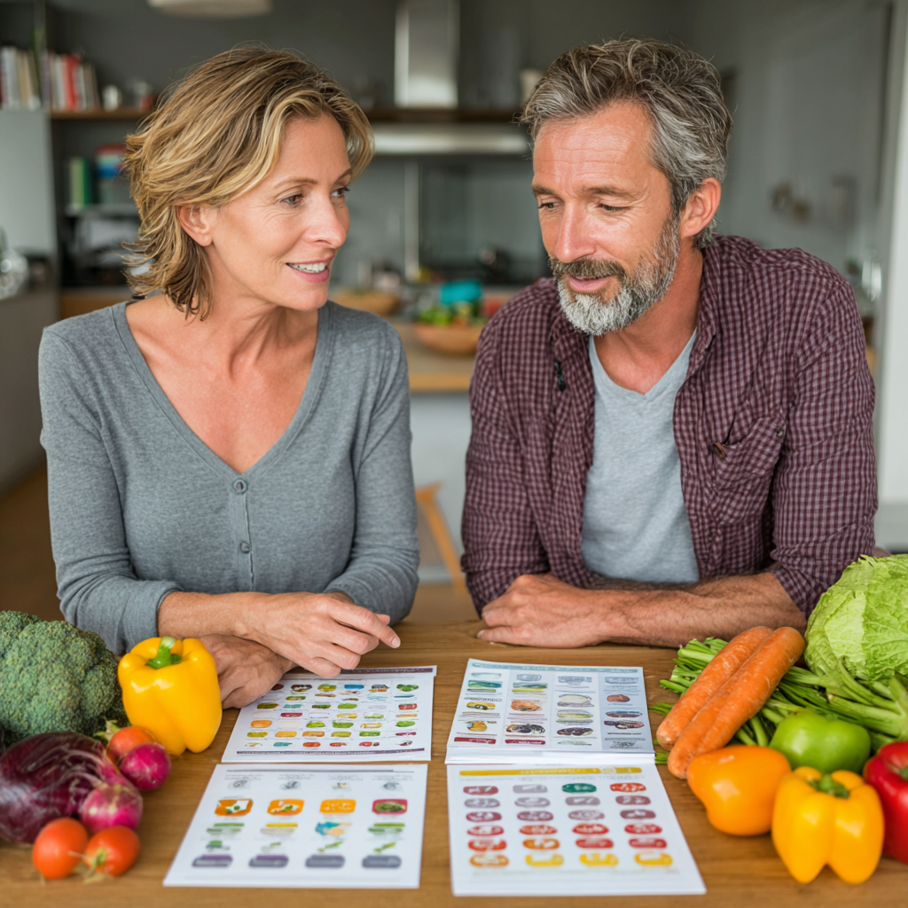 Professional nutritionist consultation with a mature couple in their 40s, showing healthy meal planning charts and fresh ingredients on a wooden table in a bright, modern office setting