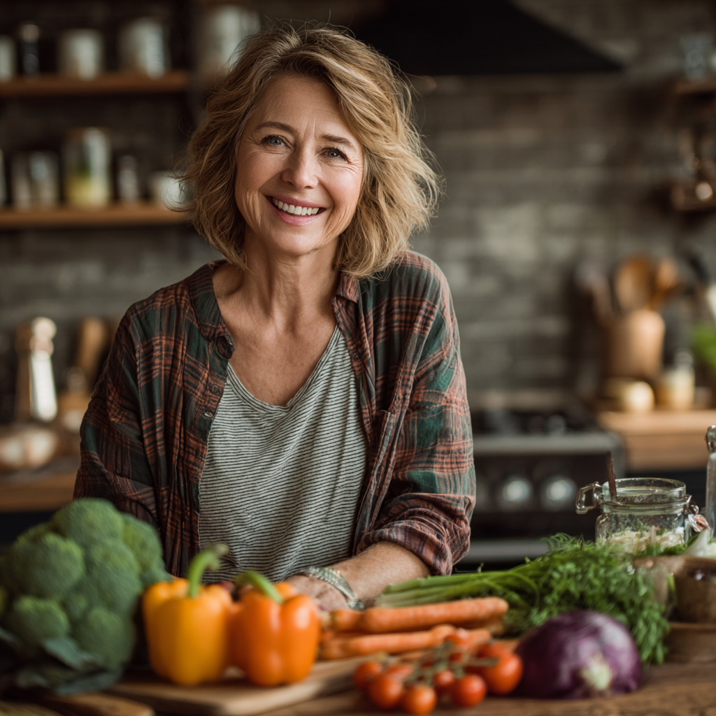 Smiling middle-aged woman in her 50s preparing fresh healthy vegetables in a modern kitchen, wearing casual clothing and looking confident while organizing colorful ingredients for meal preparation